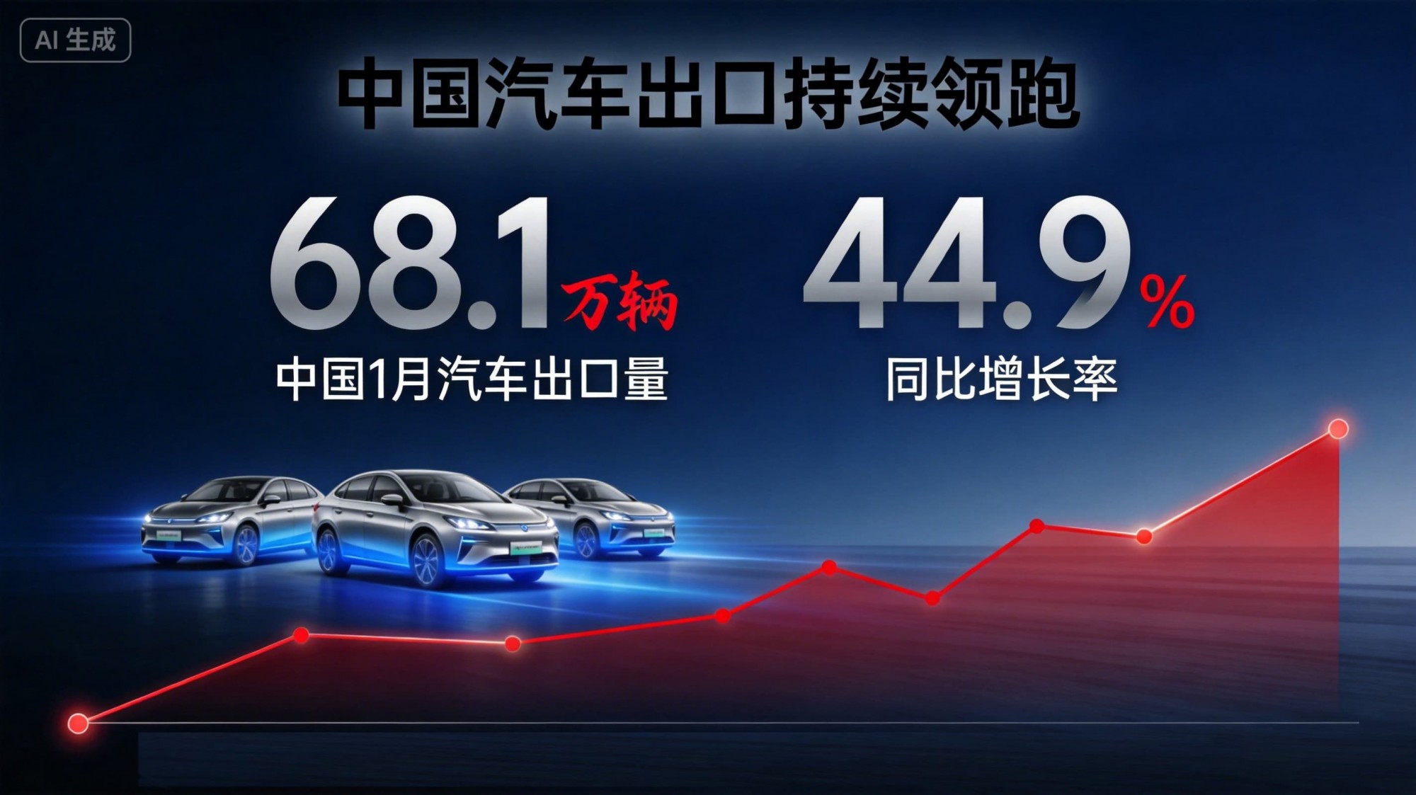 中国1月汽车出口68.1万辆，同比增长44.9%